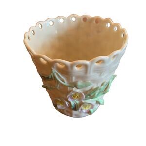 Vintage Belleek Irish Floral Basket Weave Scalloped Vase